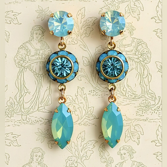 Green Mint Pacific Opal Swarovski Crystal in Long Drop Earrings in Yellow Gold - Picture 1 of 4